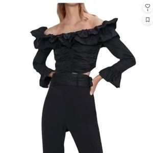 ZARA Black Crepe Off Shoulder Ruffle Long Bell Sleeve Crop Blouse M